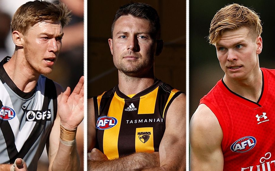 L-R: Todd Marshall, Liam Shiels, Ben Hobbs. Pictures: AFL Photos